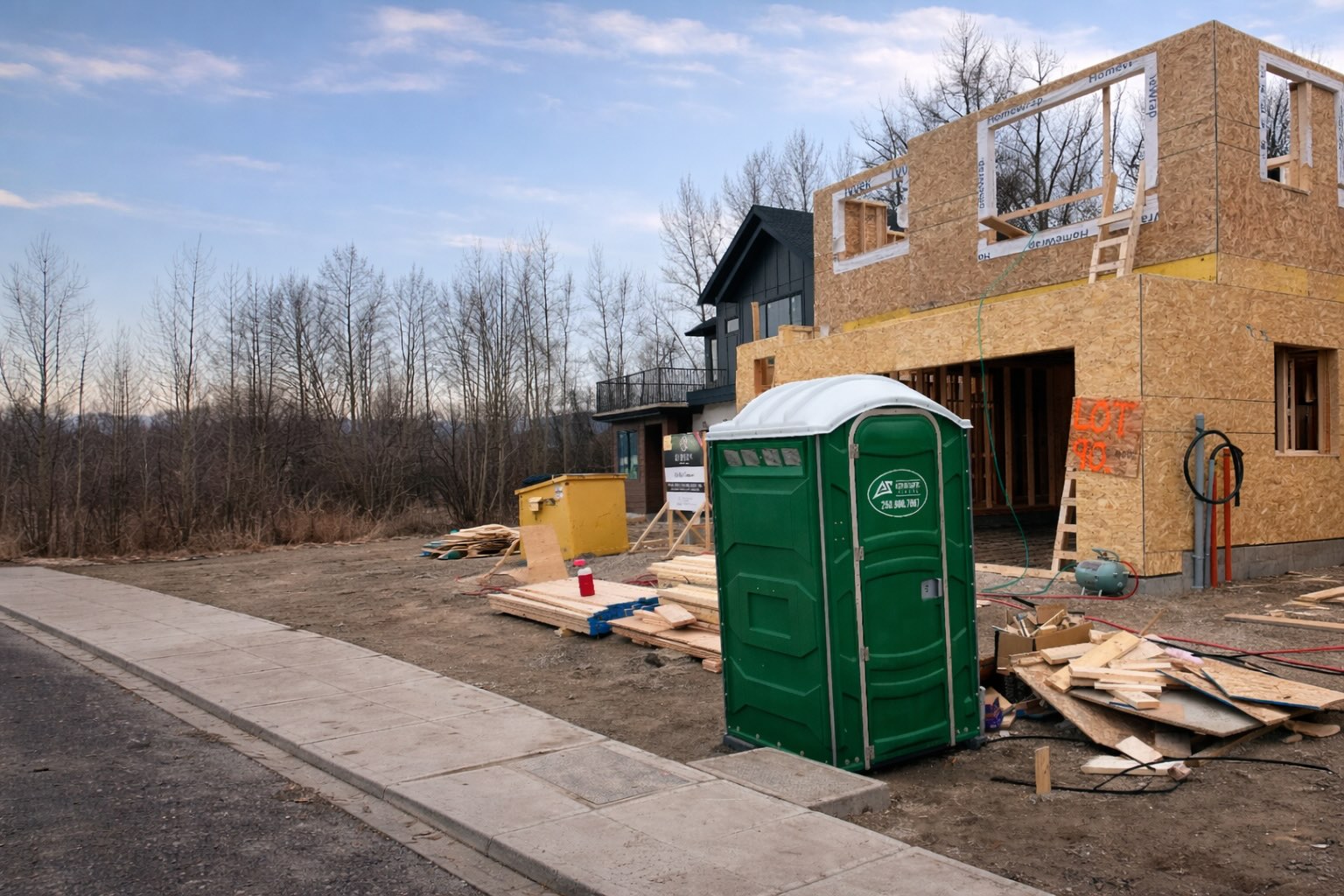 Action Septic branded portable toilet on an active construction site in the Okanagan