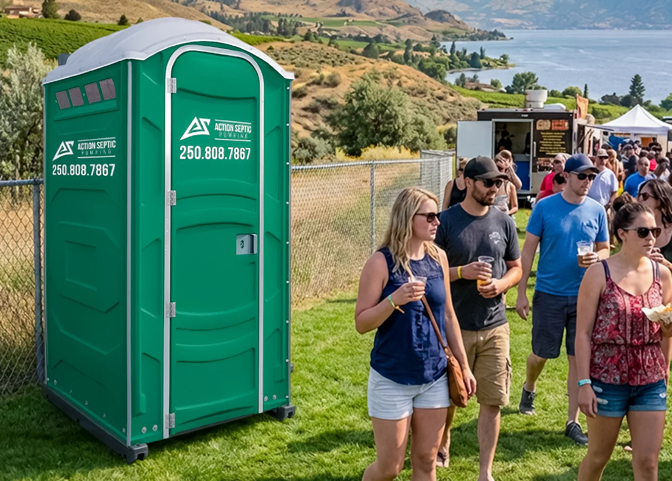 Action Septic portable toilet at an outdoor event in the Okanagan
