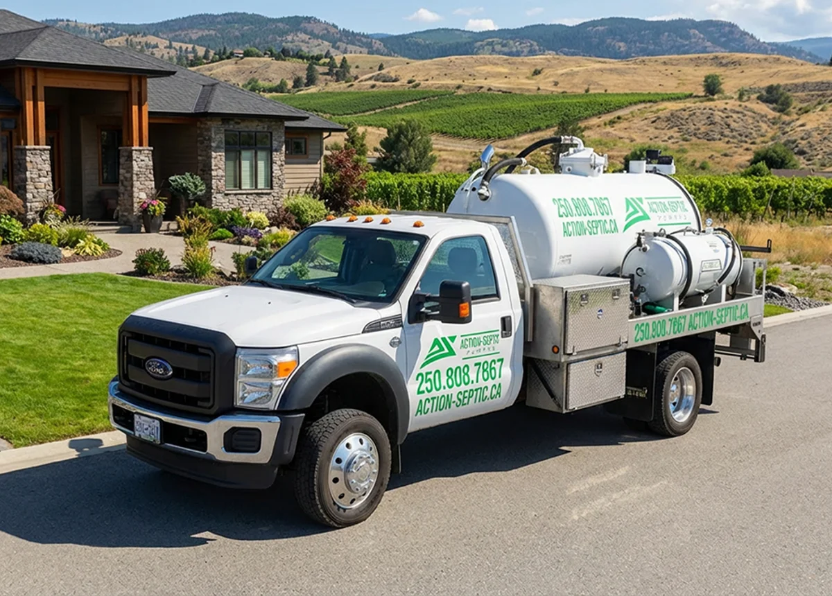 Action Septic service truck at a residential home in the Okanagan
